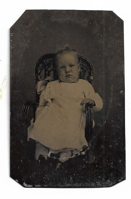 Tintype Photo Showing a Precious Small Little Girl Seated on Chair