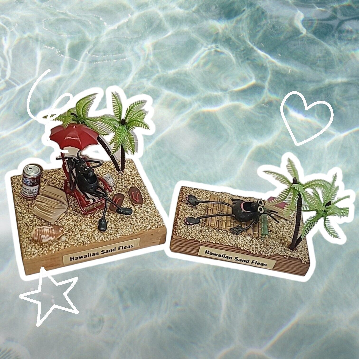 2 Vintage 80\'s Hawaiian Sand Flea Figurine Dioramas Beach Scenes Hawaii Souvenir