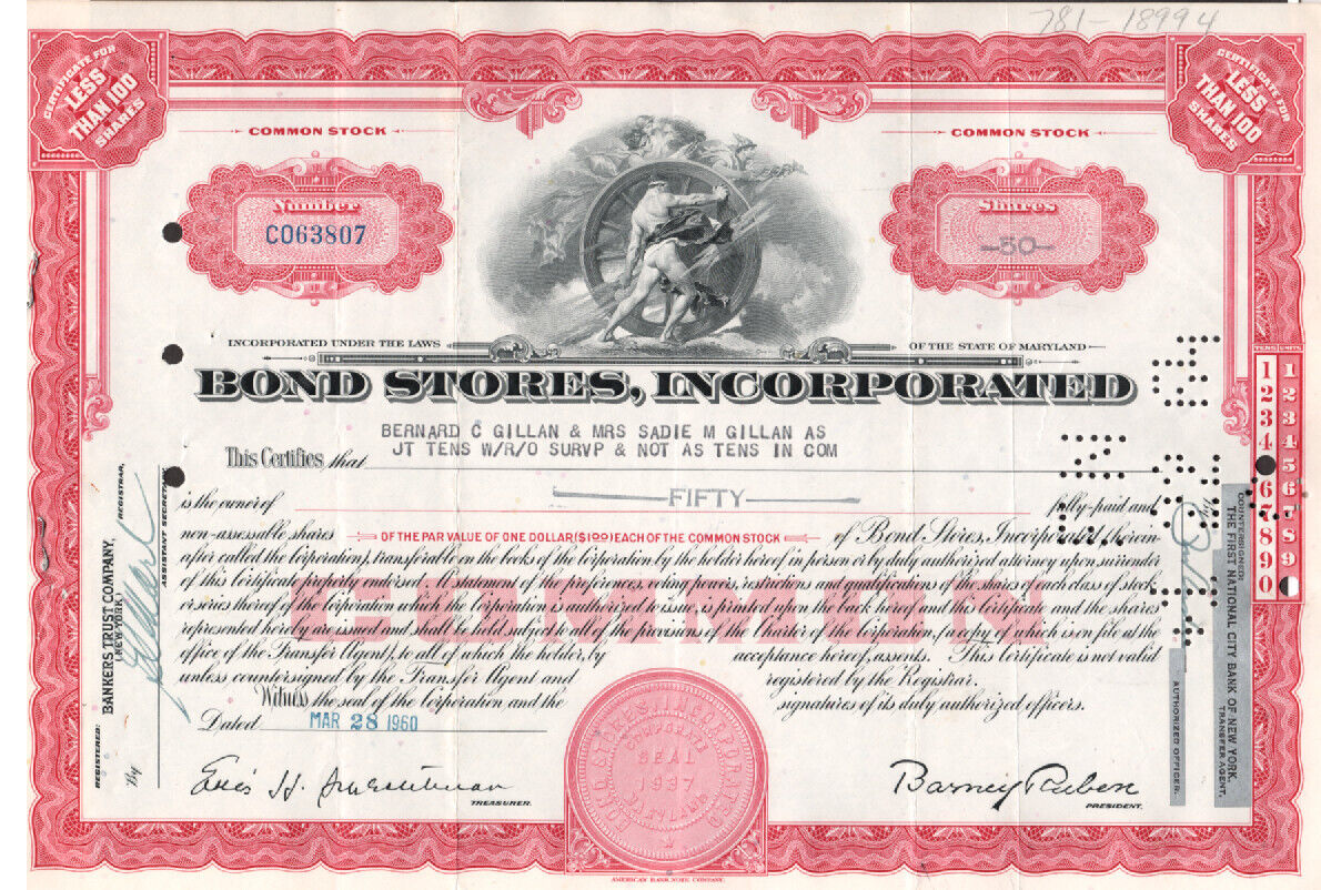 Bond Stores, Inc. - Original Stock  Certificate - 1960 - C063807