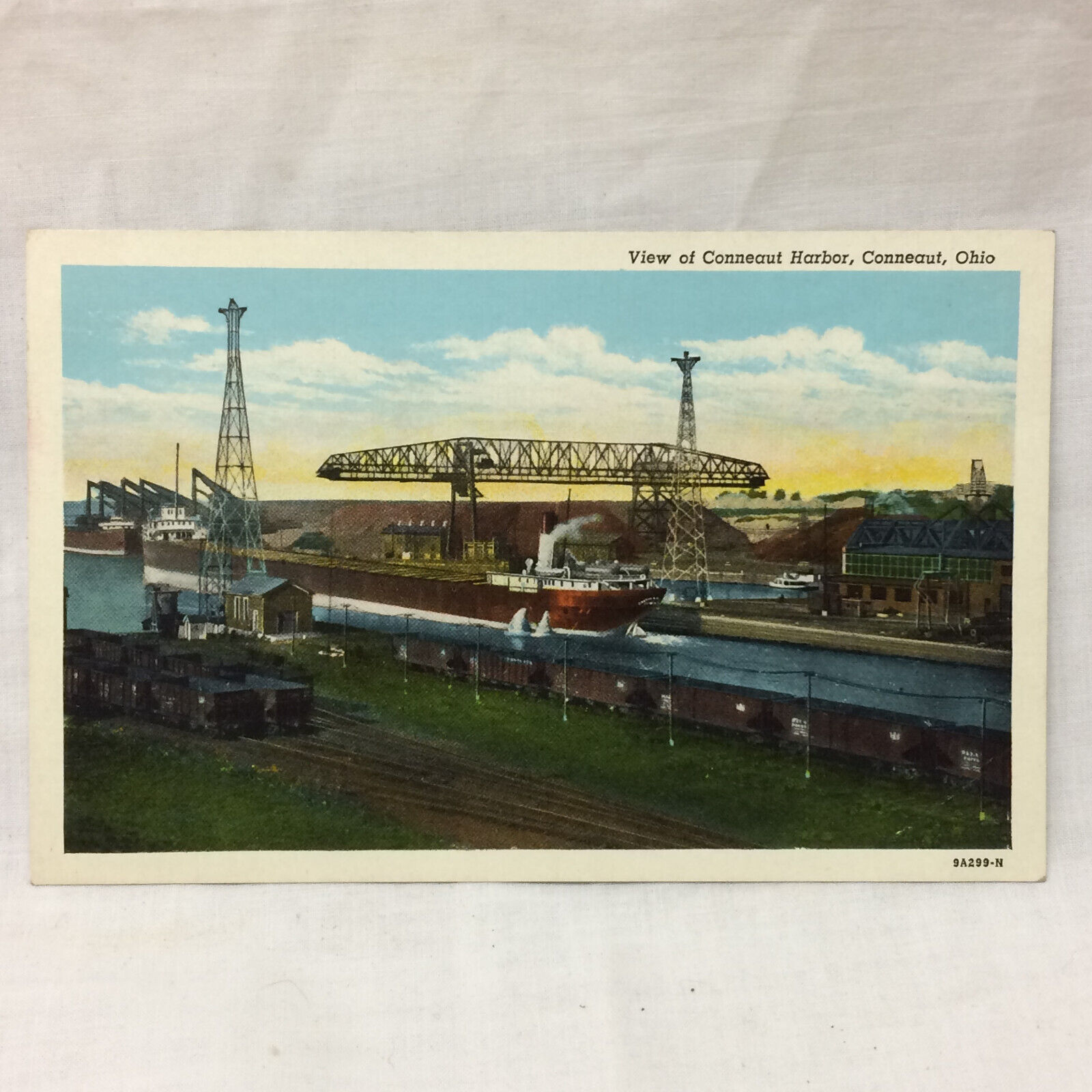Vintage Postcard Conneaut Harbor w/ Ship Ohio Scene