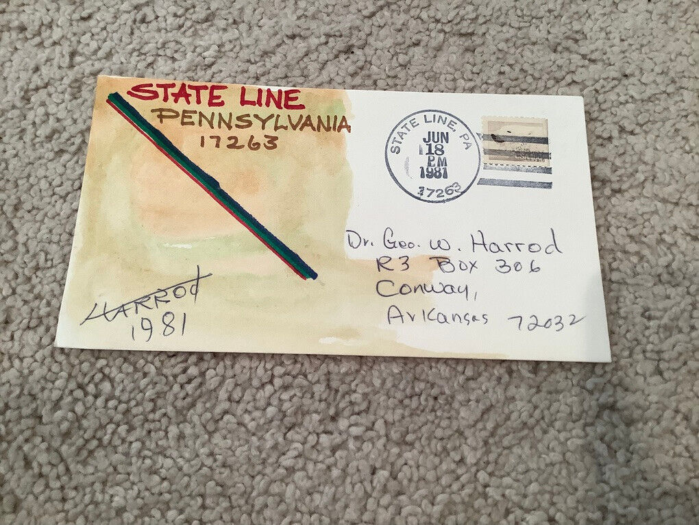 1981 STATE LINE, PA.: Signed FOLK ART WATERCOLOR Postal Cover GEORGE HARROD