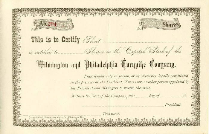 Wilmington and Philadelphia Turnpike Co. - Early Turnpike Stocks