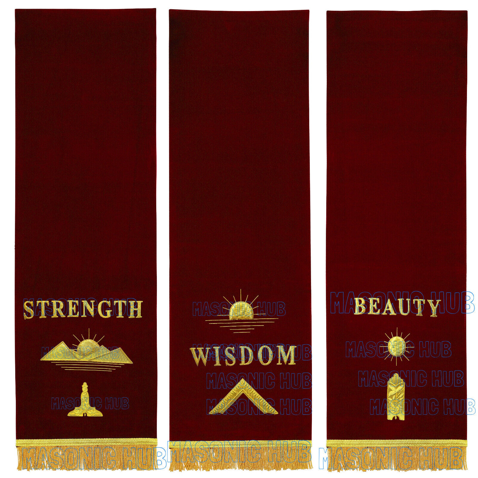 Handcrafted on Maroon Velvet Masonic Blue Lodge Pedestal Covers - Set of Three