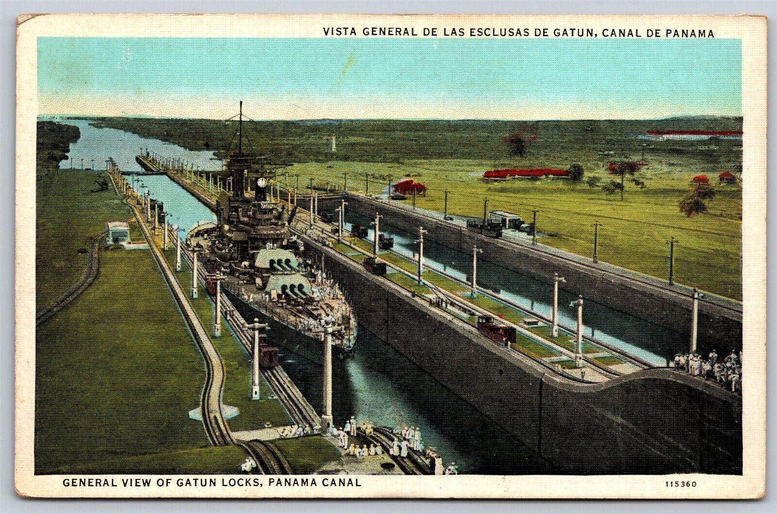 Postcard General View of Gatun Locks, Panama Canal military ship C25