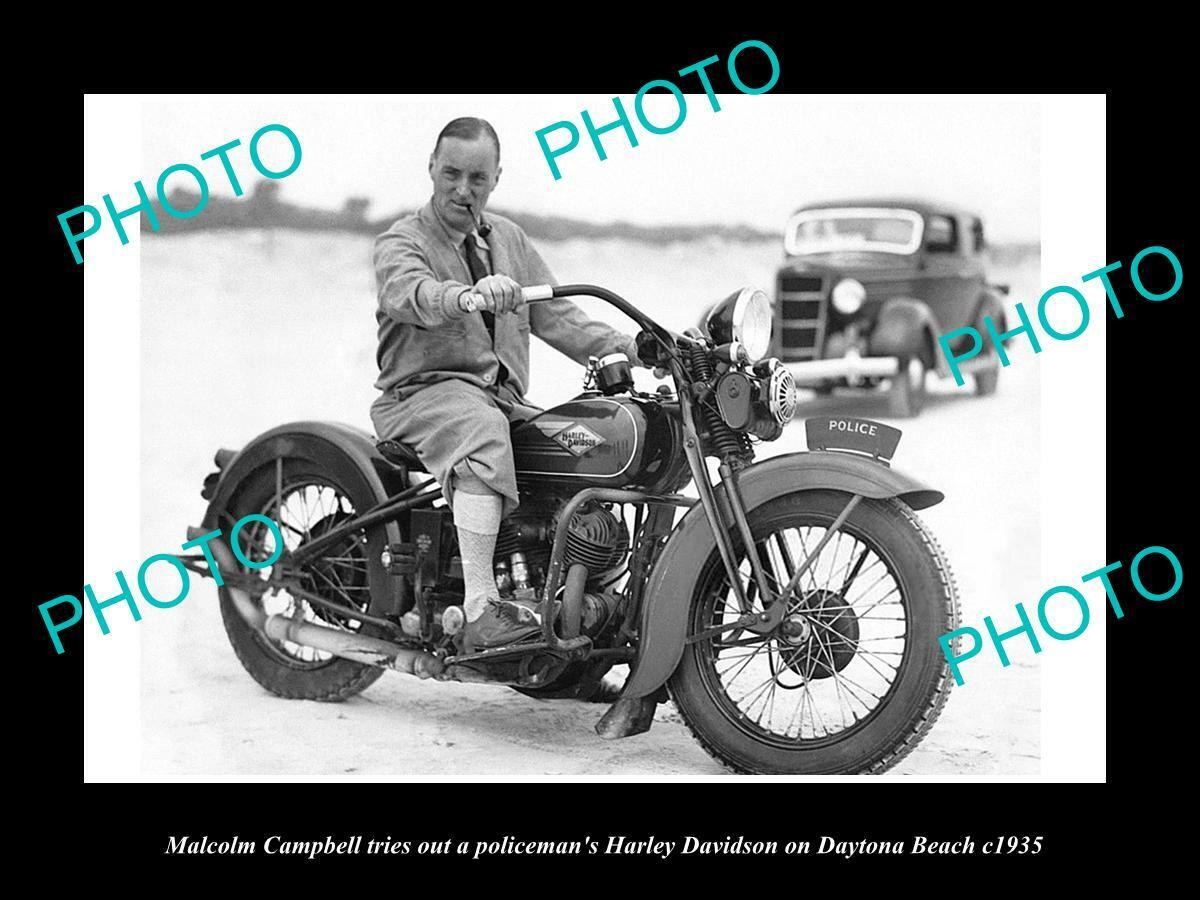 8x6 HISTORIC PHOTO OF MALCOLM CAMPBELL ON HARLEY DAVIDSON MOTORCYCLE c1935