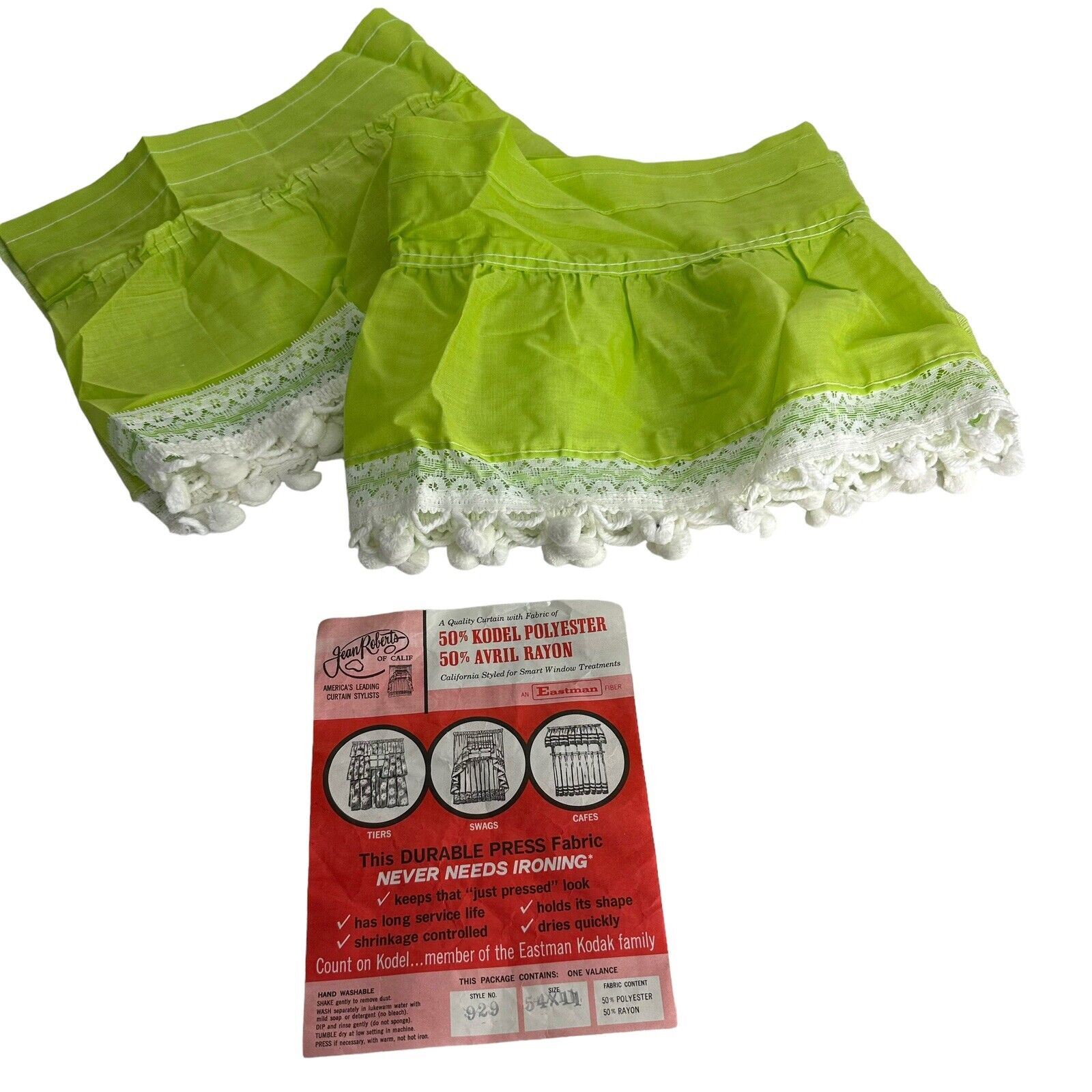 jean roberts of calif curtains eastman kodak green white lace trim Vintage 70’s
