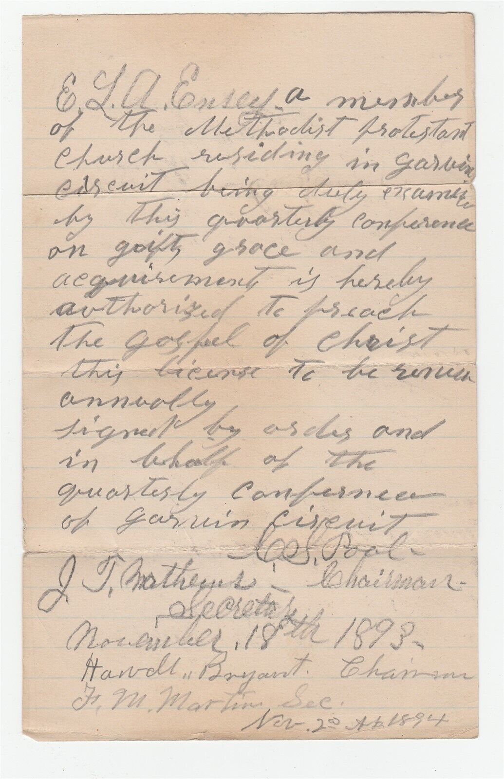 1893 handwritten Methodist Protestant Church license to preach