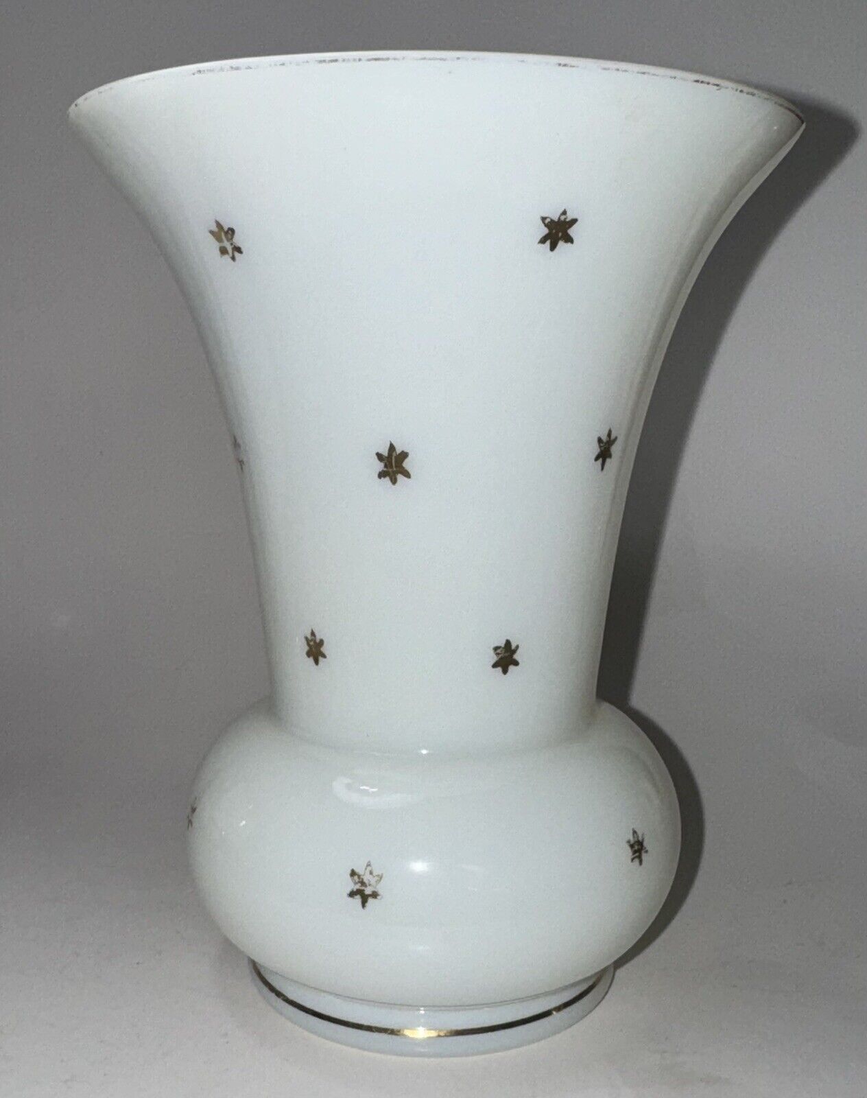 Vintage White Opaline Glass Vase Made in Czechoslovakia White w/ Gold Stars