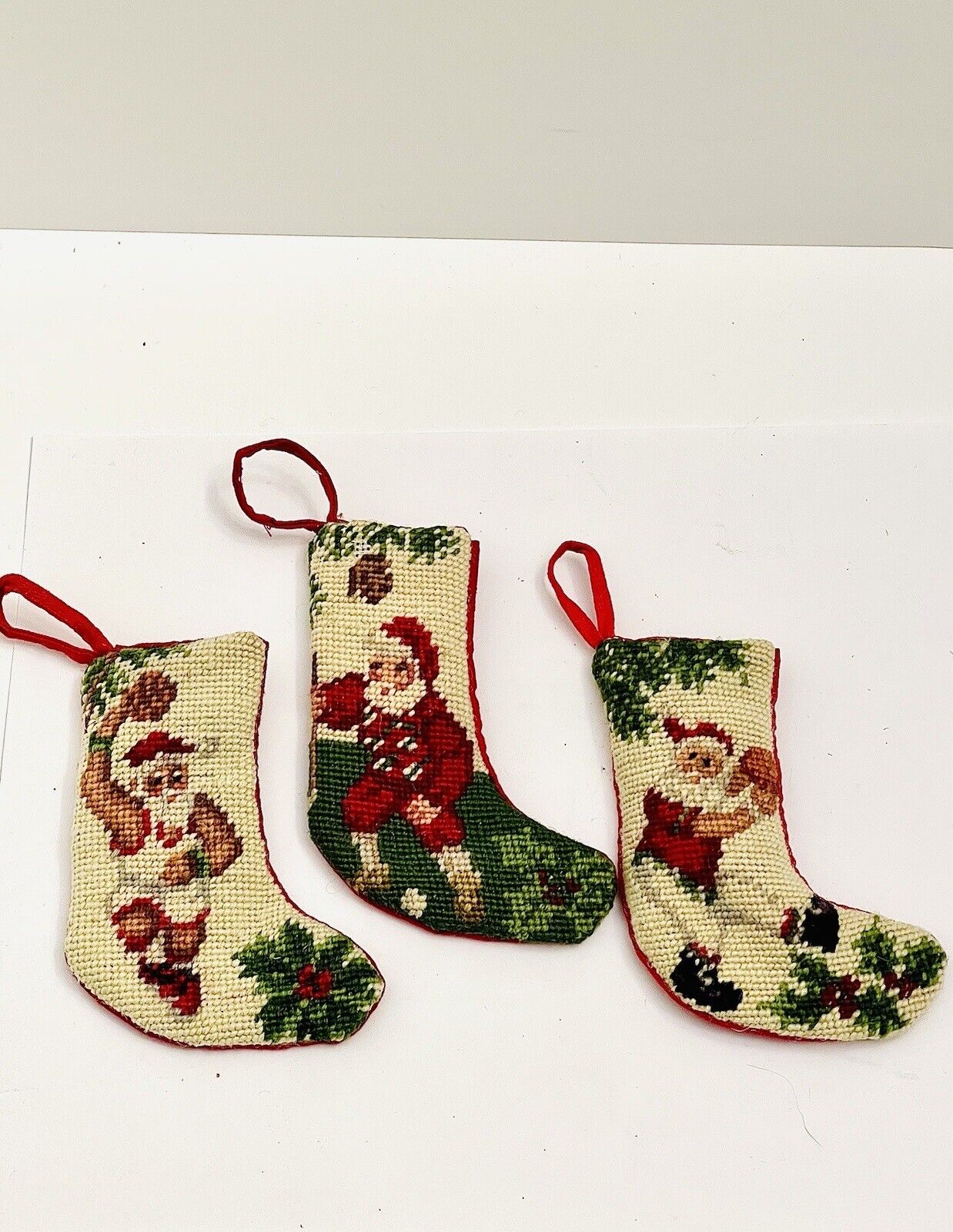 Mini Needlepoint Stockings Set Of 3 Santa Christmas Tree St Nick Sports Tiny