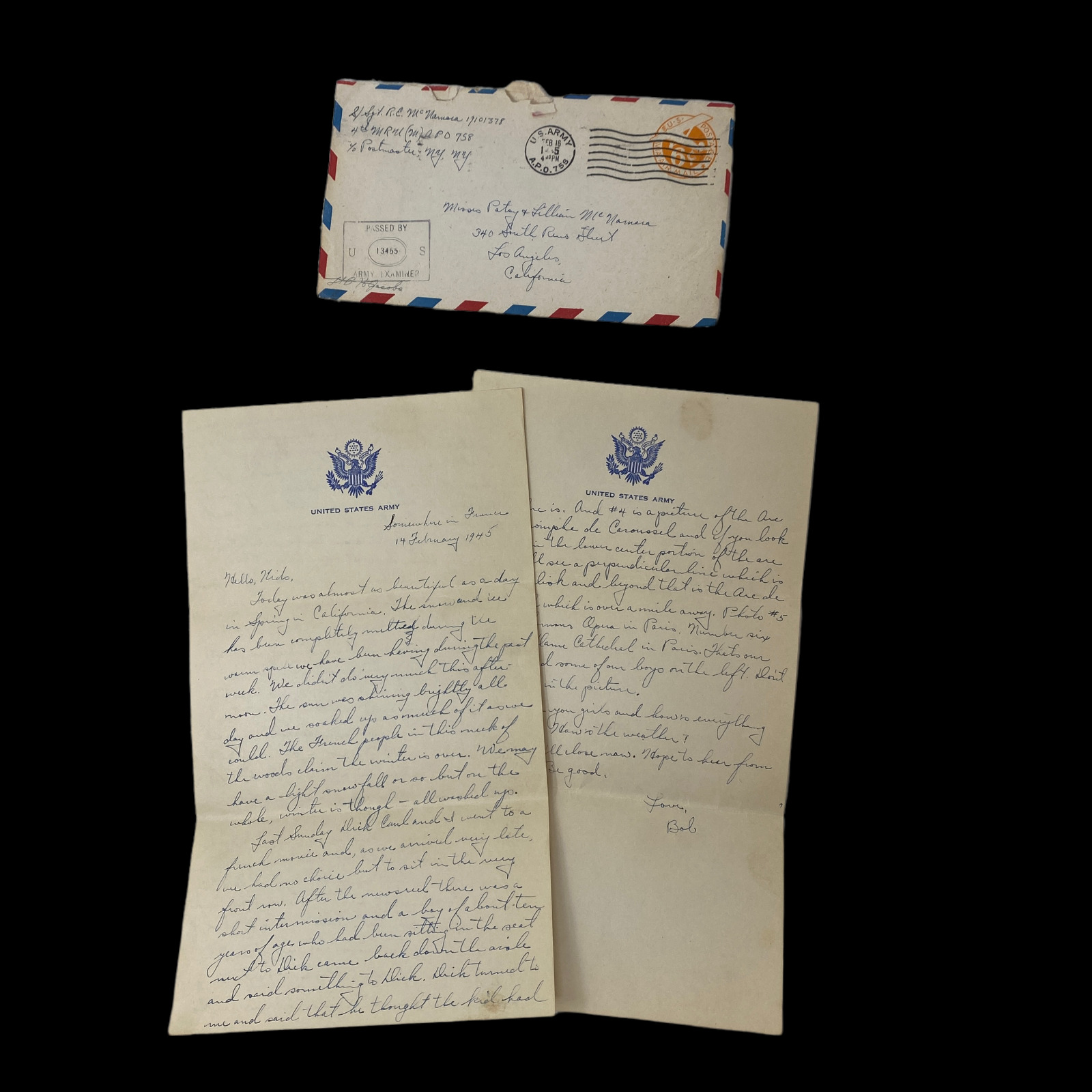 WWII France February 14th 1944 Letter Sgt. McNamara 4th Machine Records Unit