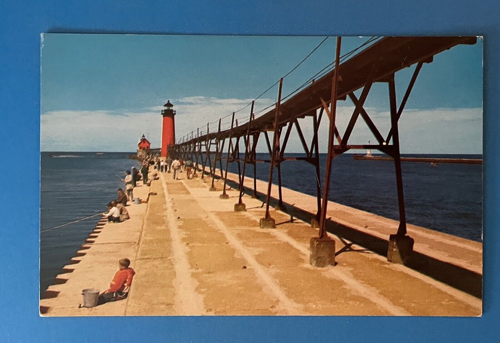 Grand Haven Michigan Perch Fishing South Pier Vintage Postcard