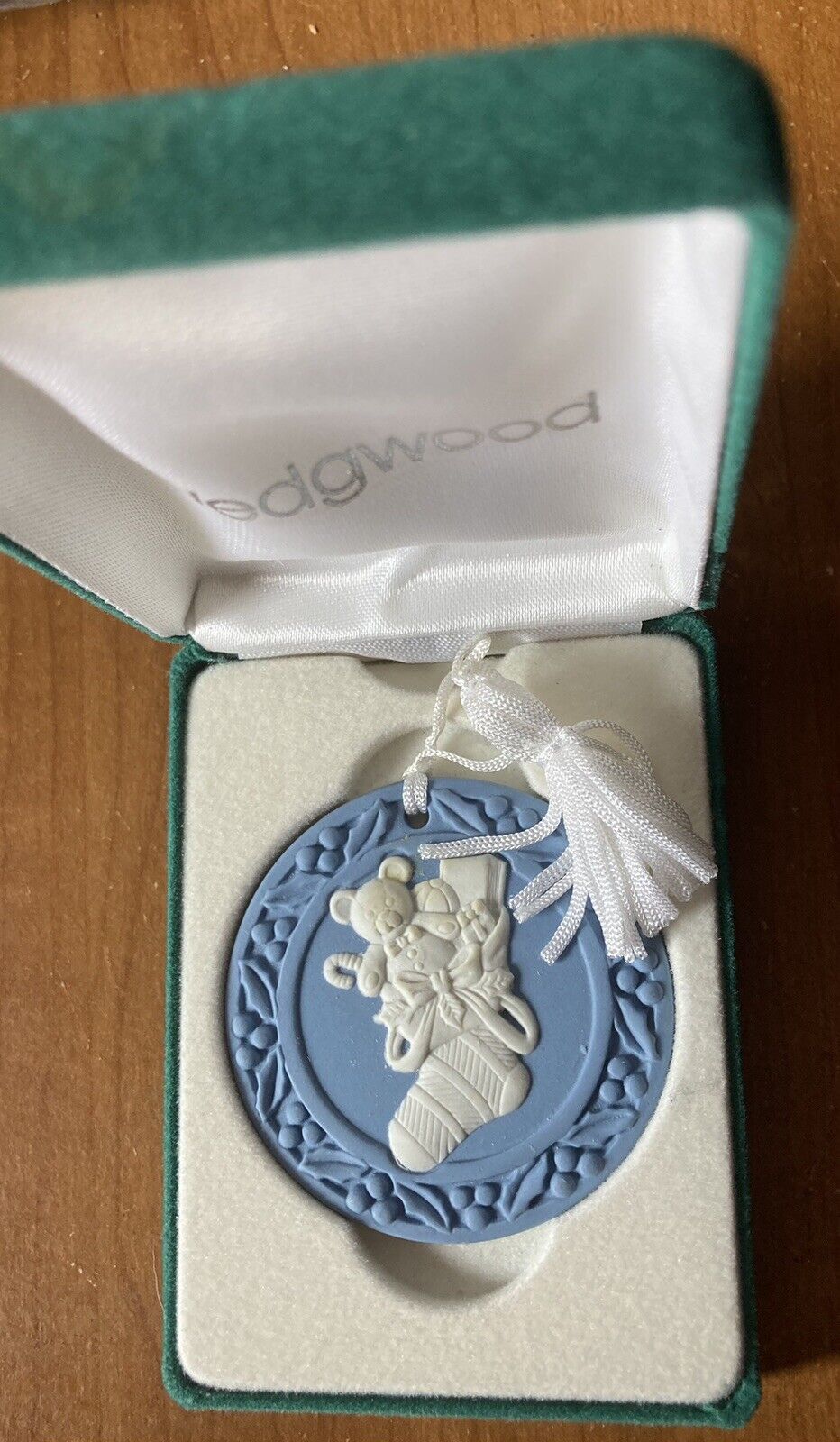 Jasperware Wedgwood Blue And White Round Ornament With Christmas Stocking Boxed