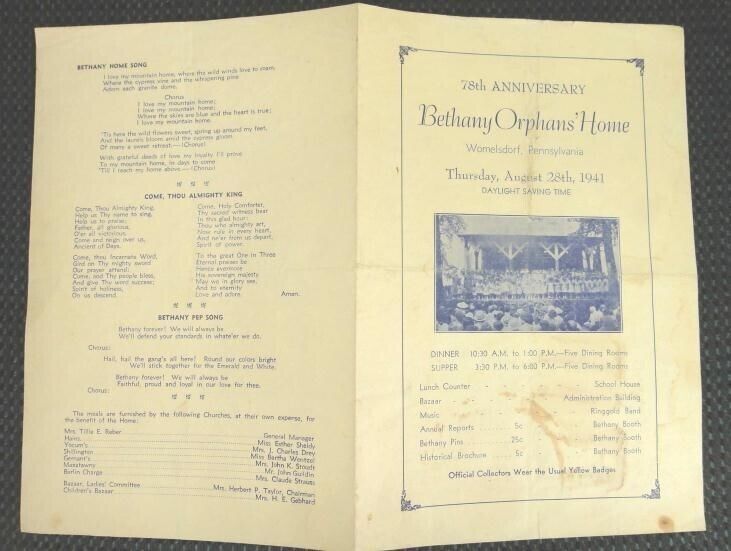 1941ntique BETHANY ORPHANS\' HOME PROGRAM womelsdorf pa 78th Anniversary