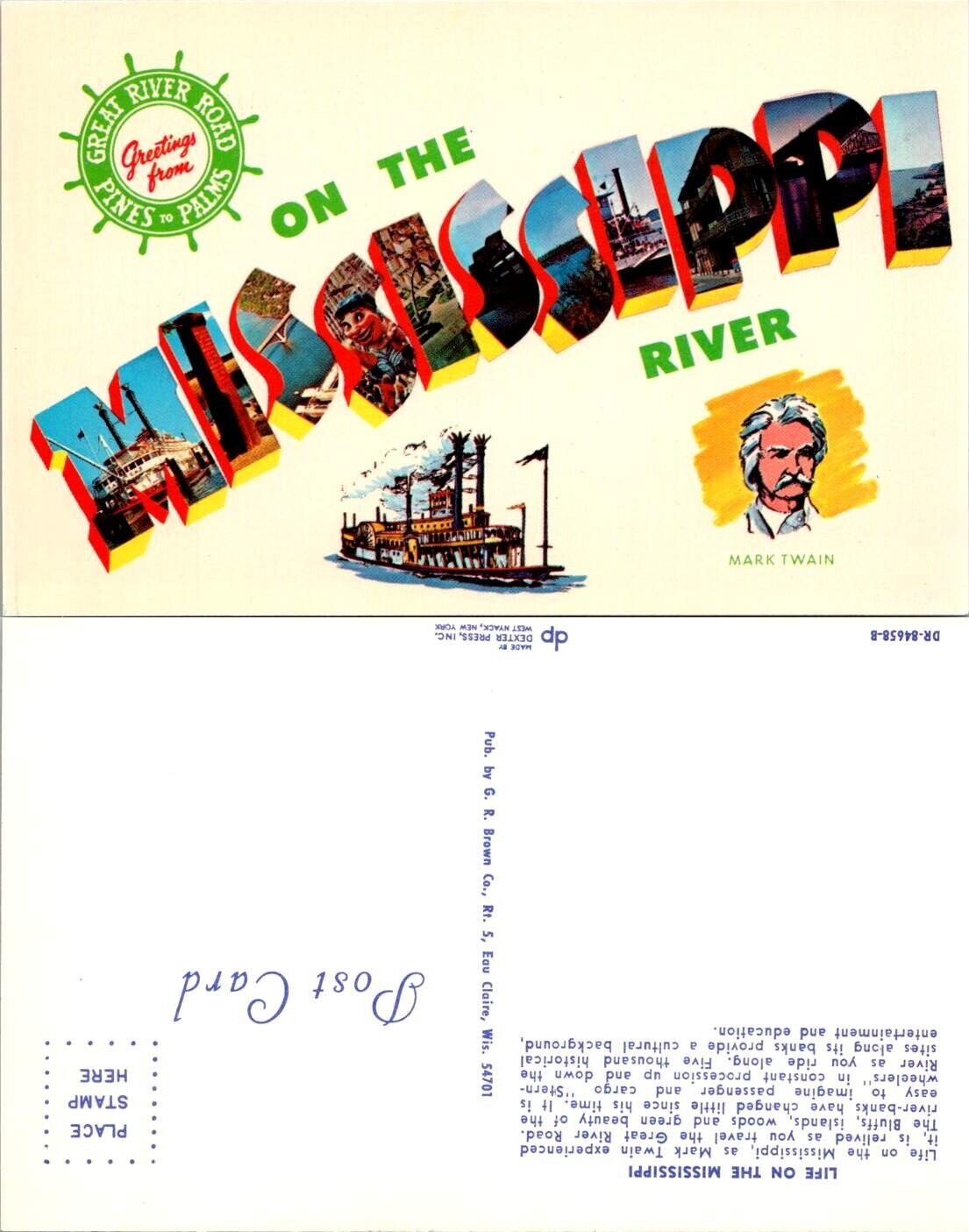 Life on the Mississippi, Mark Twain, Great River Rd, c1960s Illustrated Postcard