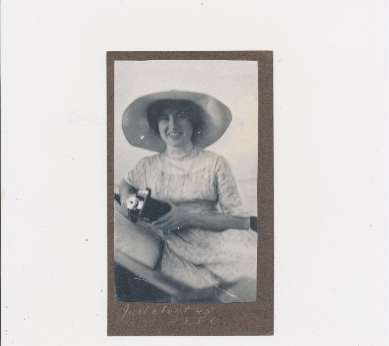 1915 Vintage Snapshot Woman Photographer w Camera and big Smile on Her Face