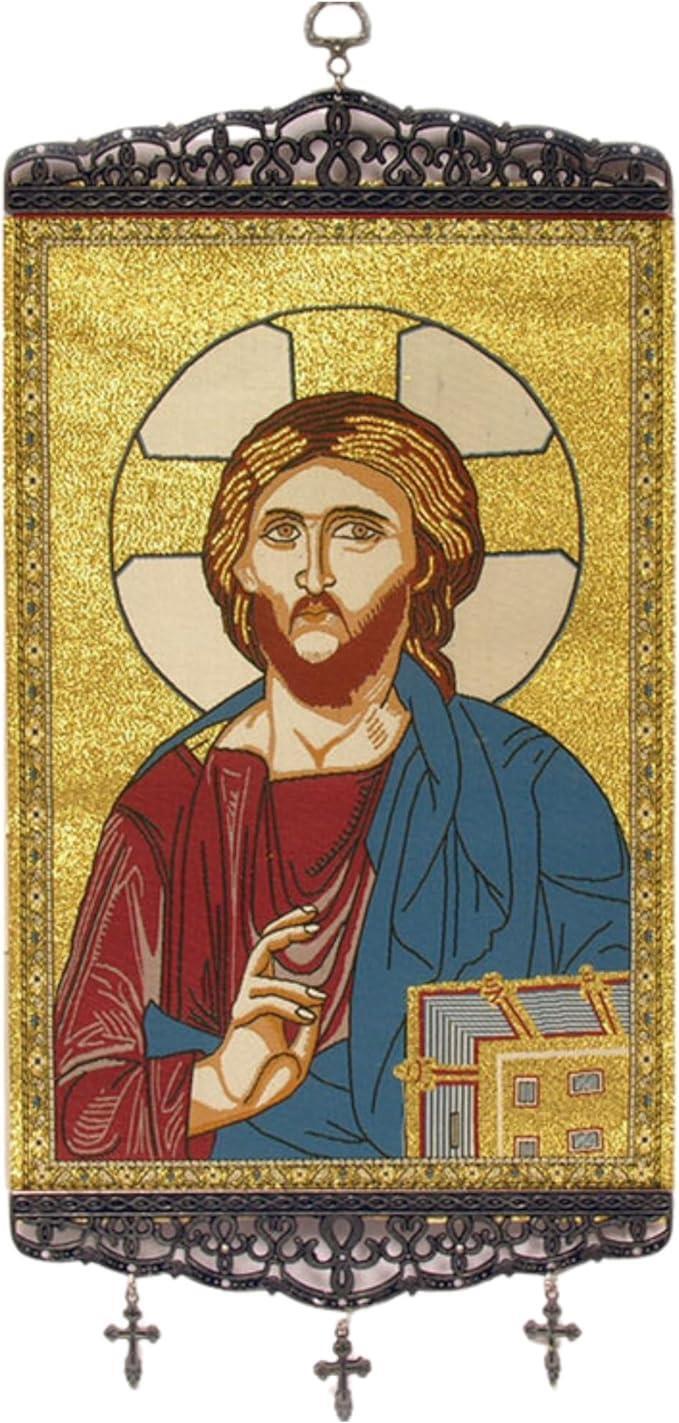 Christ the Teacher Large Icon Banner Orthodox Tapestry With Cross Charm 17 In