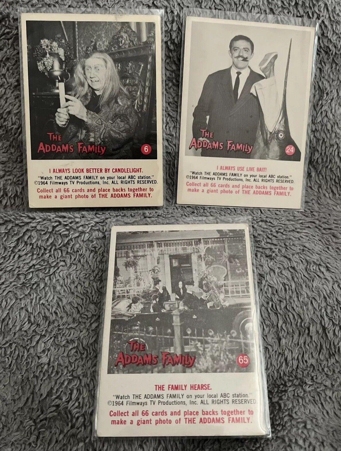 1964 Donruss The Addams Family Lot Of (3) Trading Cards. #s 6, 24, 65. VG.