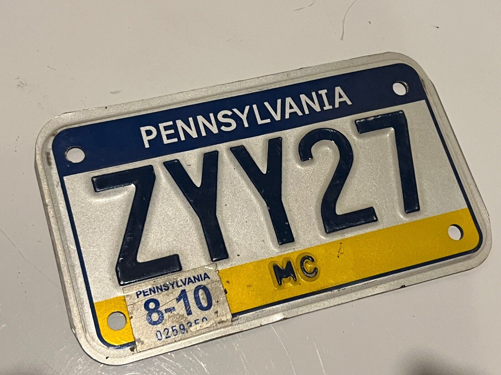 Expired Pennsylvania PA Motorcycle License Plate MC #ZZY27