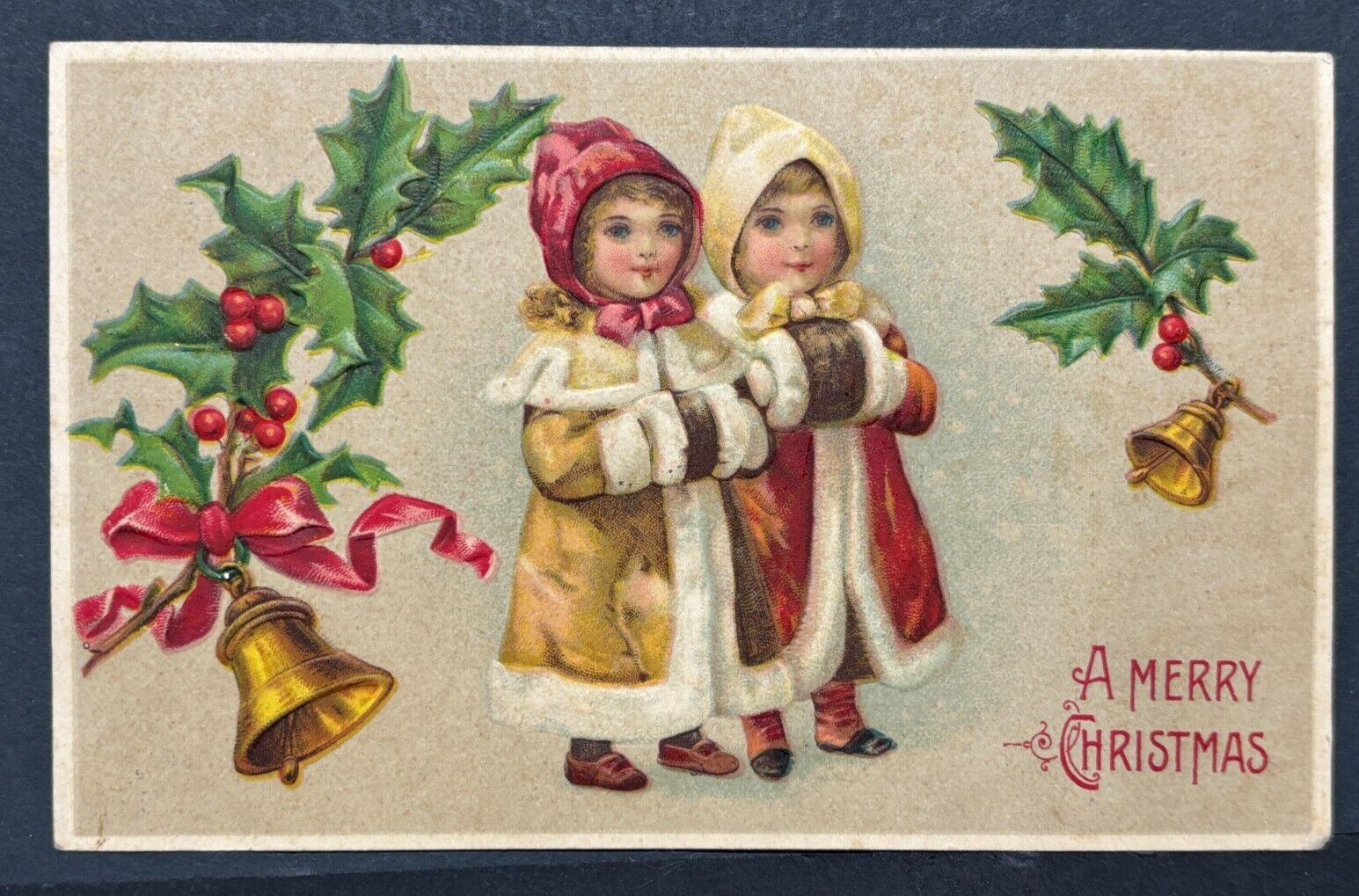 Embossed Postcard A Merry Christmas Holly Gold Bells Girls Germany