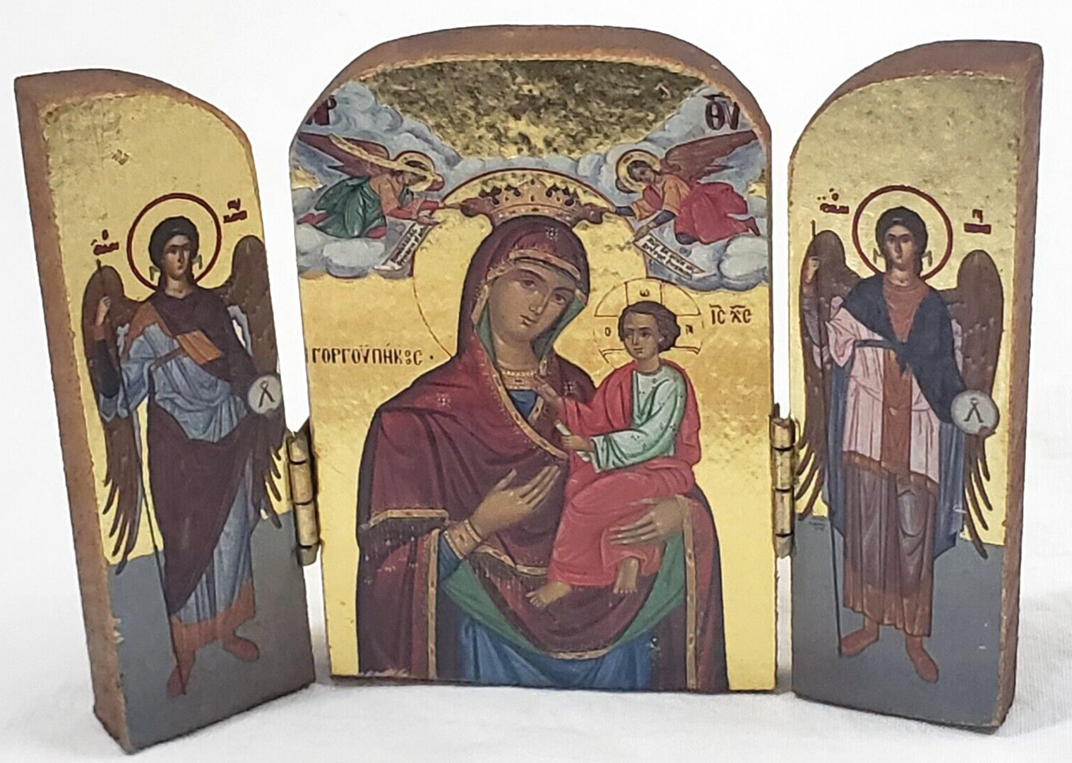Virgin Mary Jesus Christ Child Orthodox Icon Triptych Mini Carved Wood Gold Gilt