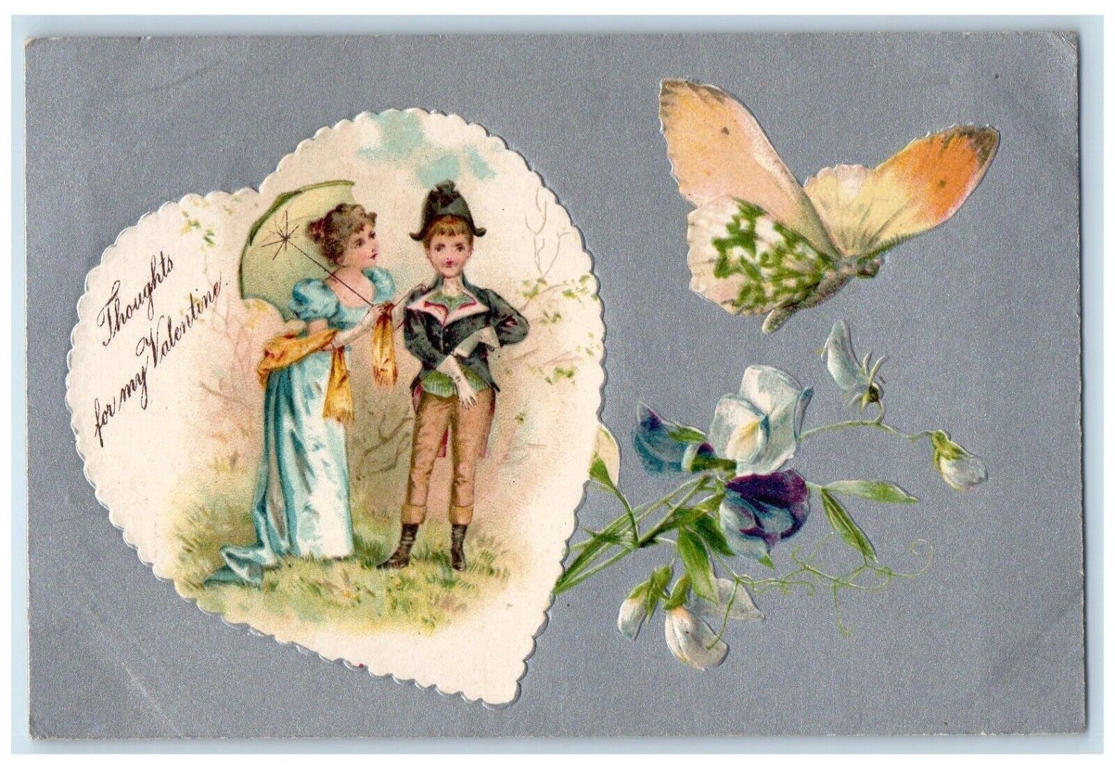 c1905 Valentine Heart Girls Butterfly Flowers Embossed Antique Nash Postcard