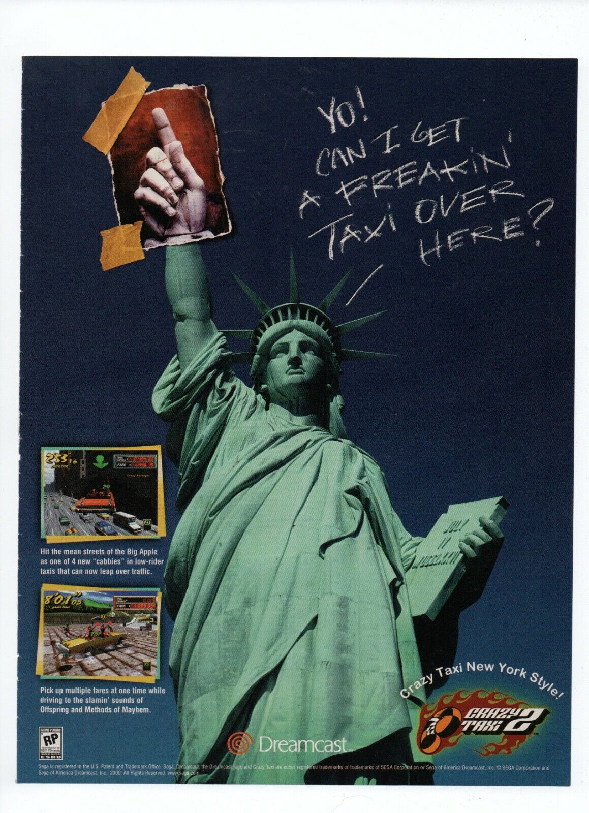 2000 Sega Dreamcast Crazy Taxi 2 New York Style Vintage Game Print Ad Art Rare