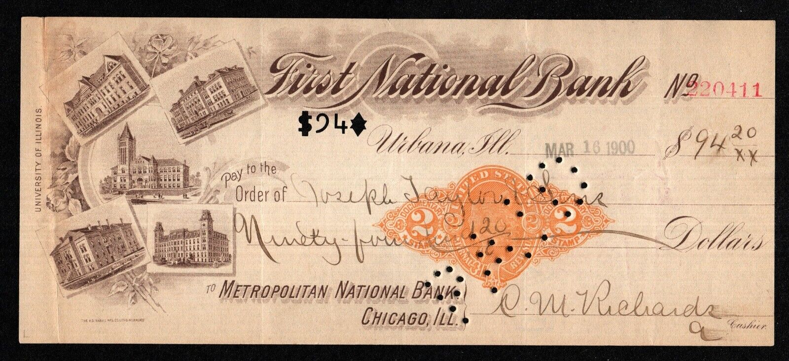 1899 URBANA IL 1ST NAT BANK CHECK 2¢ DOC STAMP - UNIVERSITY OF ILLINOIS VIGNETTE