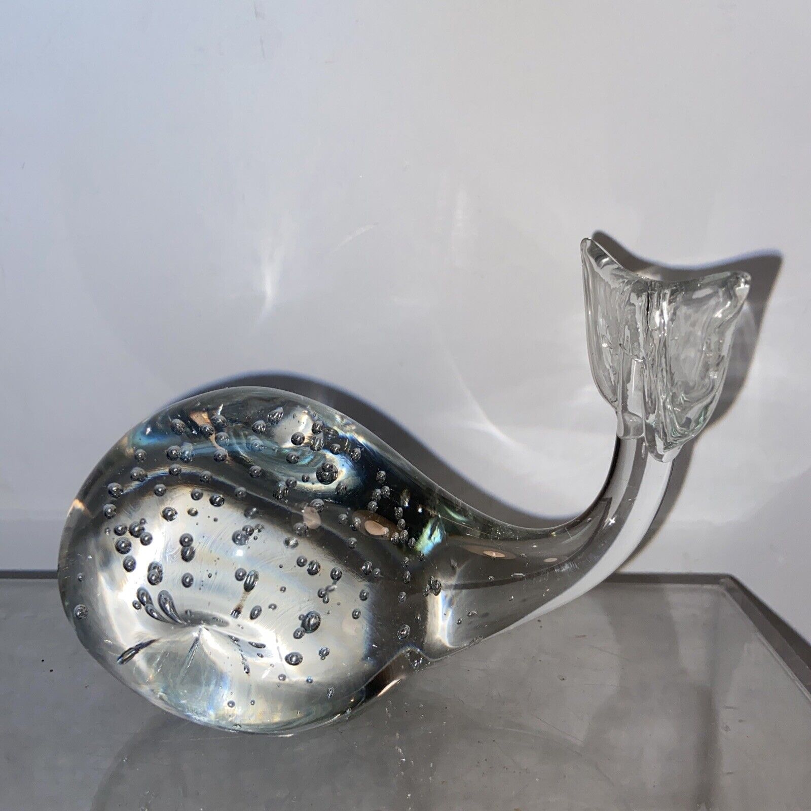 Vtg Blown Glass Whale Controlled Bubbles Paperweight Figurine Nautical Ocean