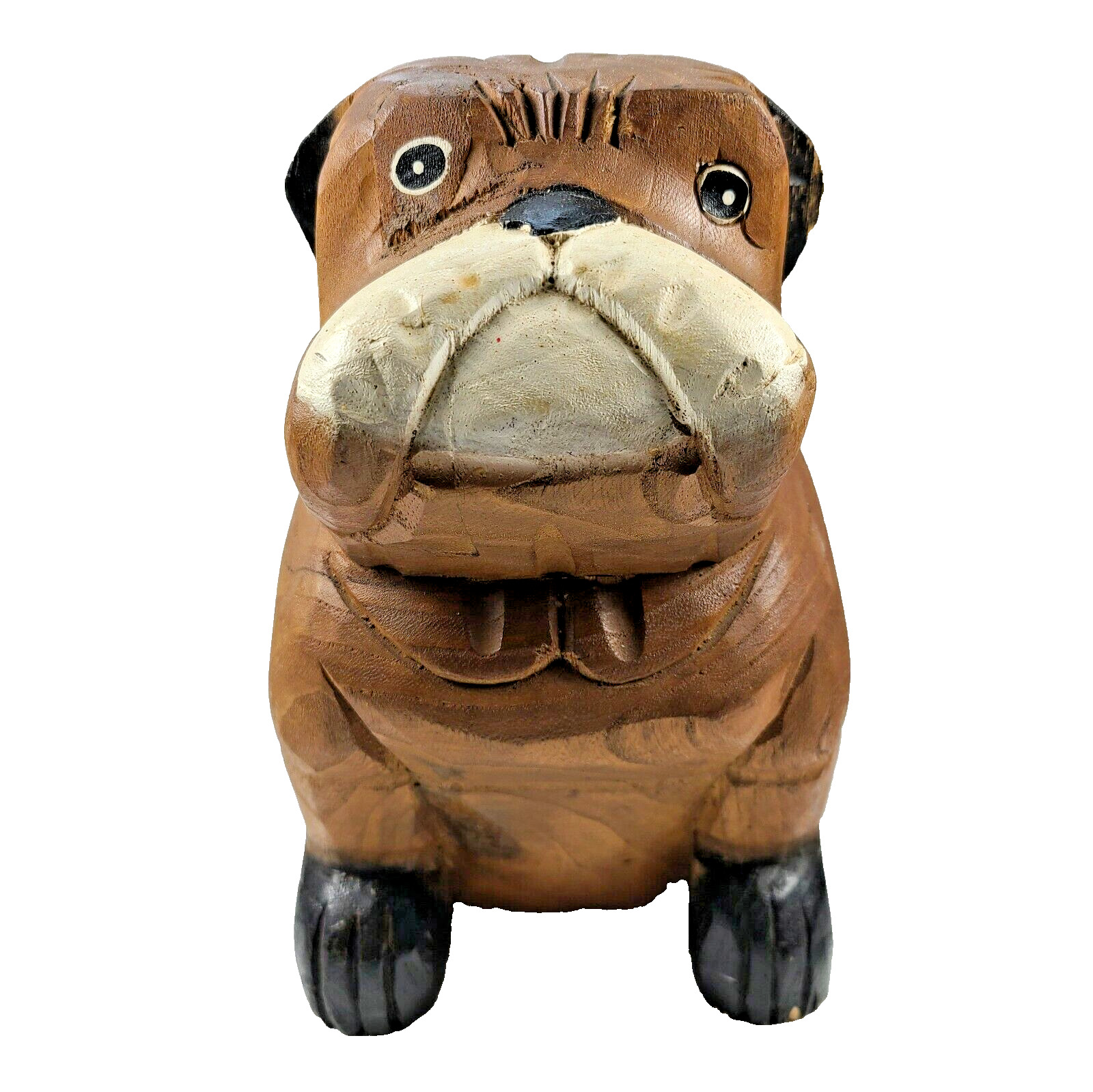 Vintage Wood Hand-Carved Dog Bulldog  8\