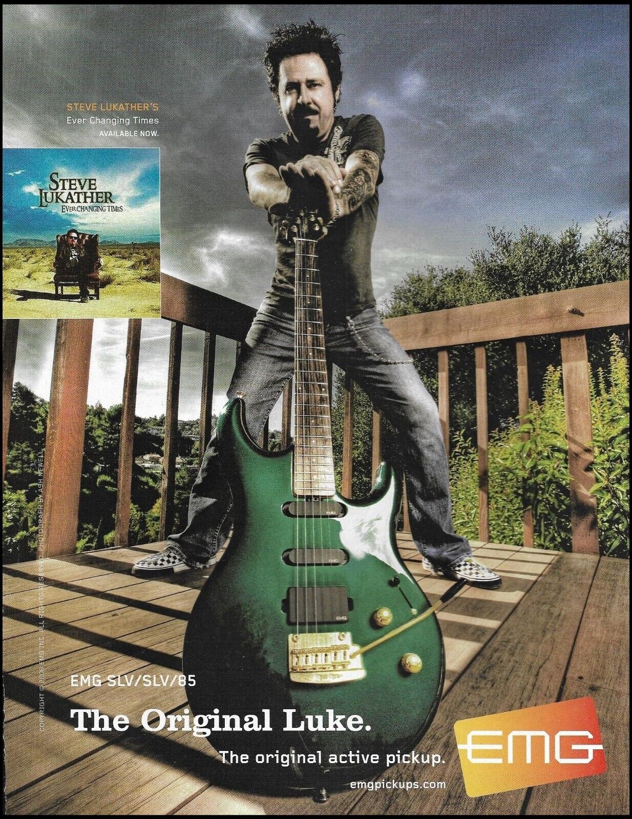 Steve Lukather 2009 EMG SLV pickups on Ernie Ball Music Man guitar advertisement