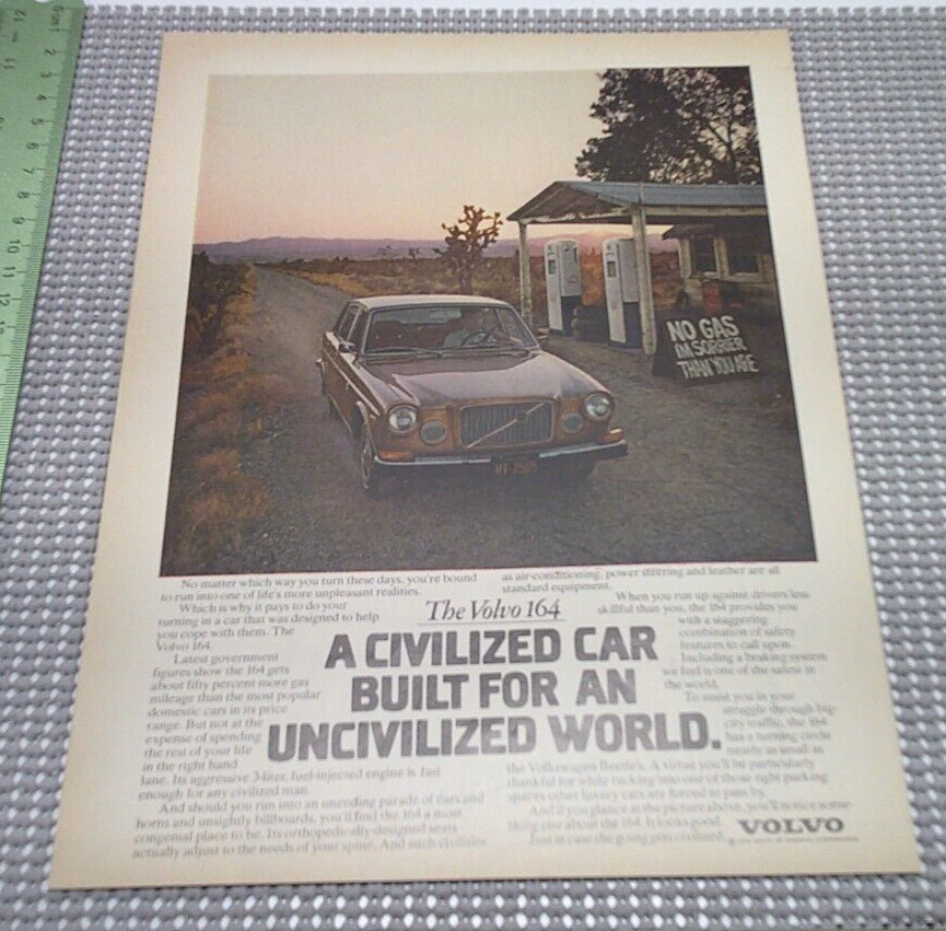 1973 Print Ad The Volvo 164 Vintage Gas Station is Out of Gas Old Pumps