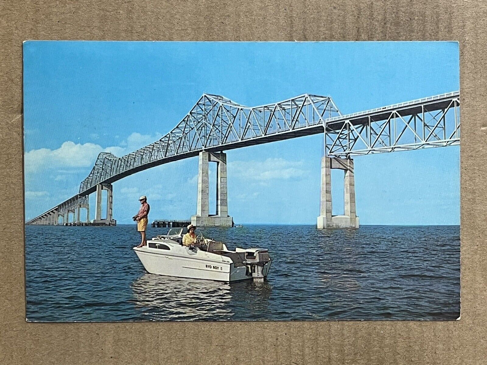 Postcard St Petersburg Bradenton FL Florida Sunshine Skyway Bridge Fishing Boat