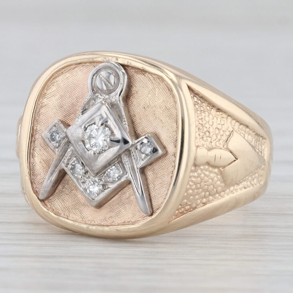 0.10ctw Diamond Masonic Signet Ring 10k Gold Size 10.25 Square Compass Tools