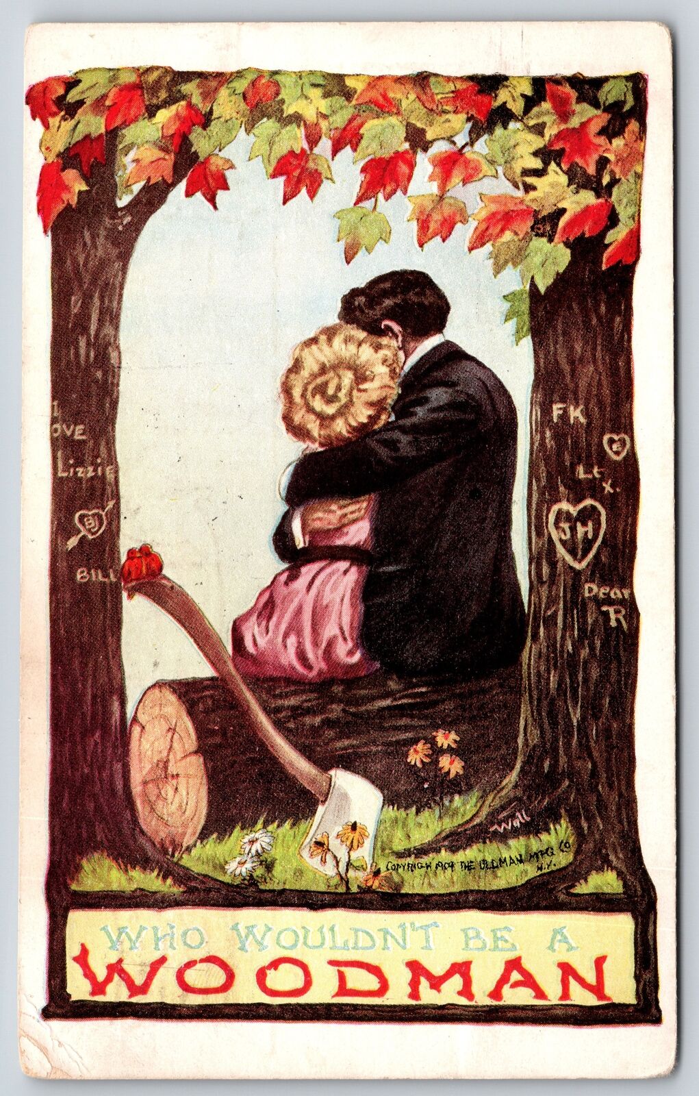 Artist Signed Bernhardt Wall~Couple Embrace~Woodman w/Axe~PM 1910 Postcard