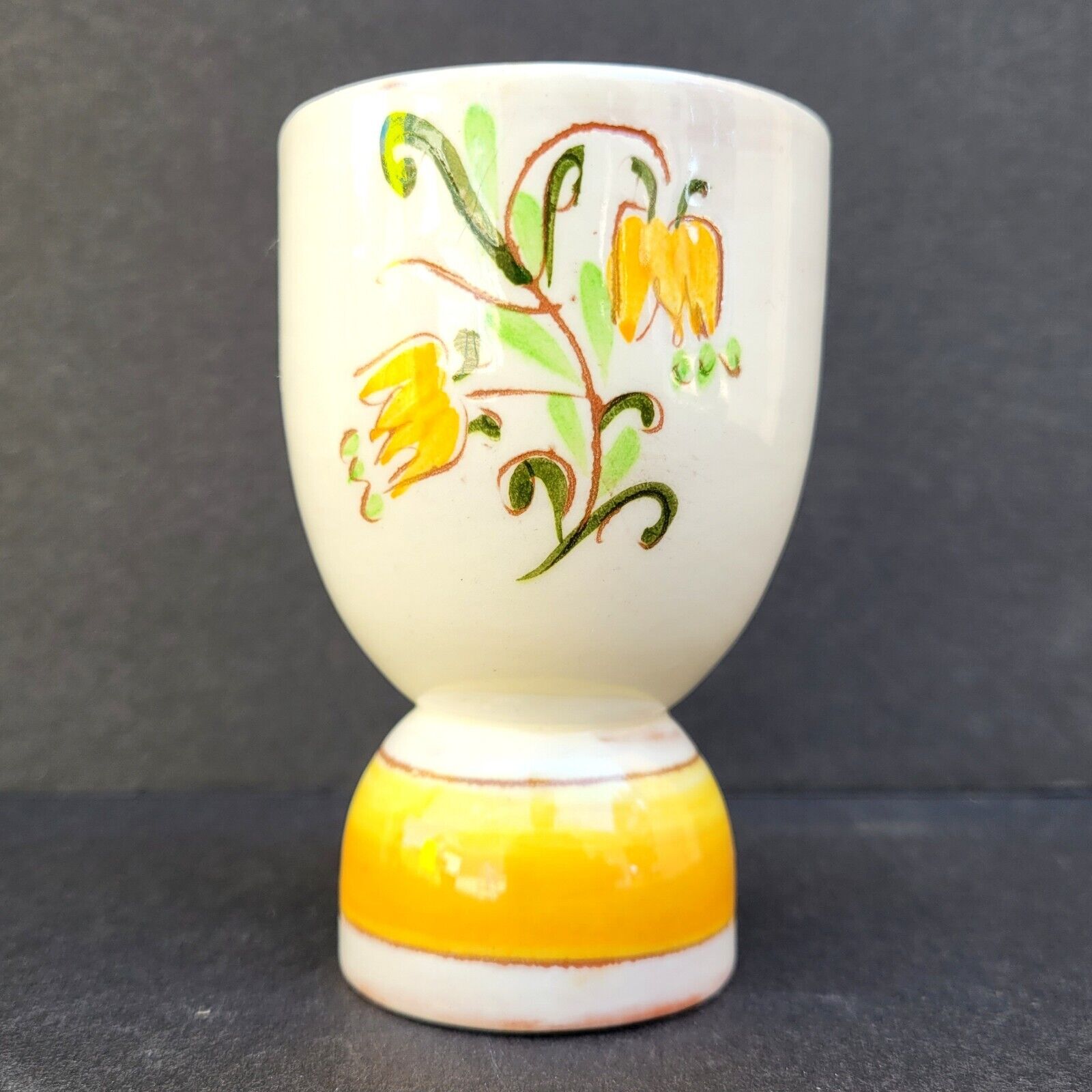 Vintage Double Egg Cup Coddler Clay Pottery Yellow Tulip Bell Flower Terra Rose
