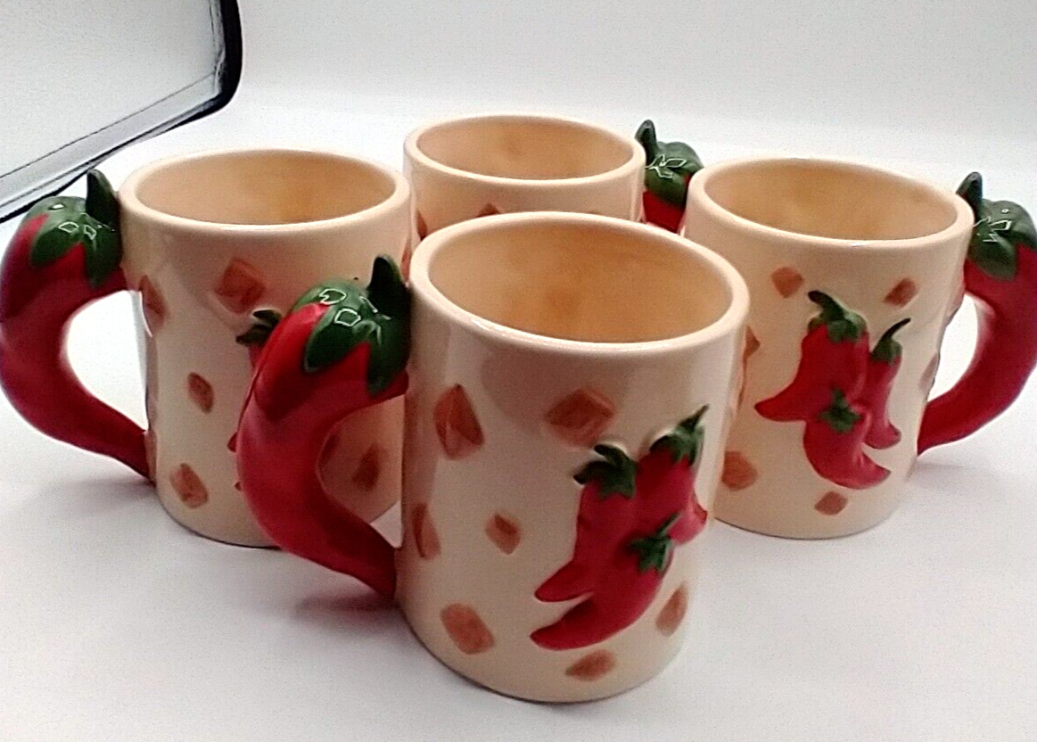 VTG House of Lloyd 4 Red Hot Chile Pepper Raised Relief Ceramic Mugs Cups 1994