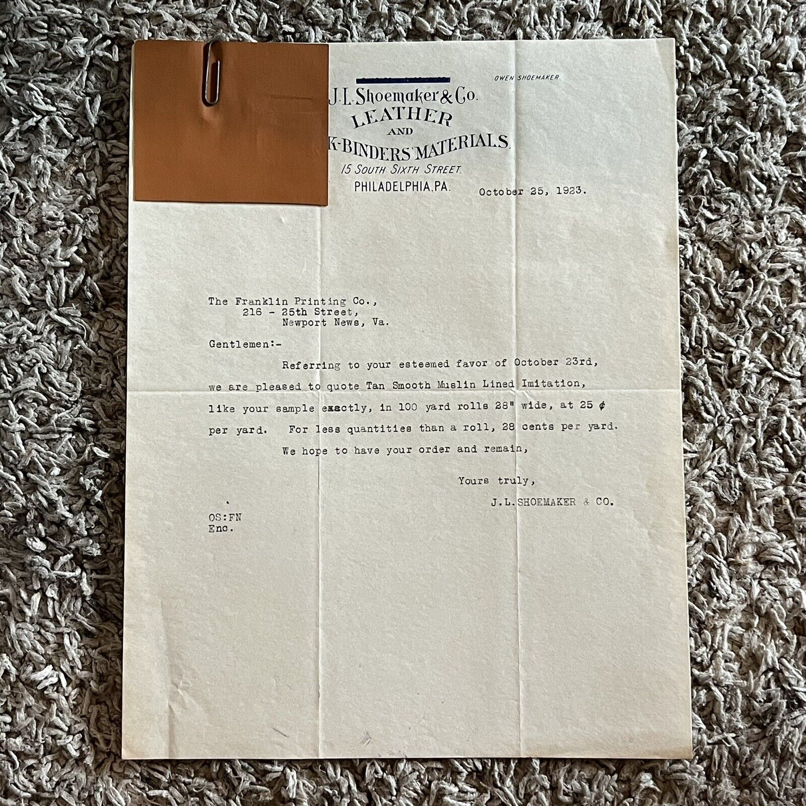RARE 1923 LETTER WITH LEATHER SAMPLE FROM J.L. SHOEMAKER COMPANY PHILADELPHIA