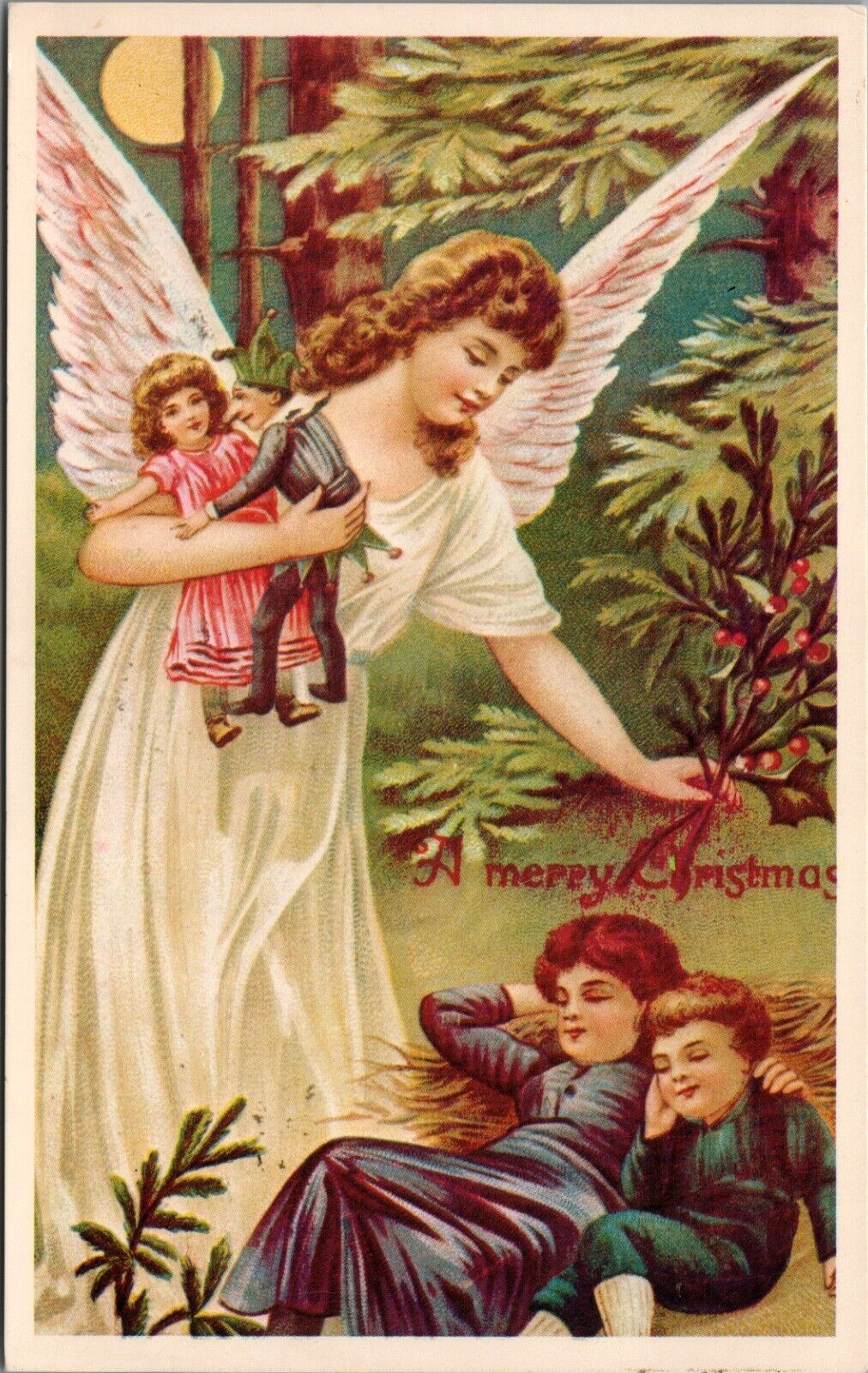 A Merry Christmas Angel Pink Wings Forest Moonlight Sleeping Mother Child New