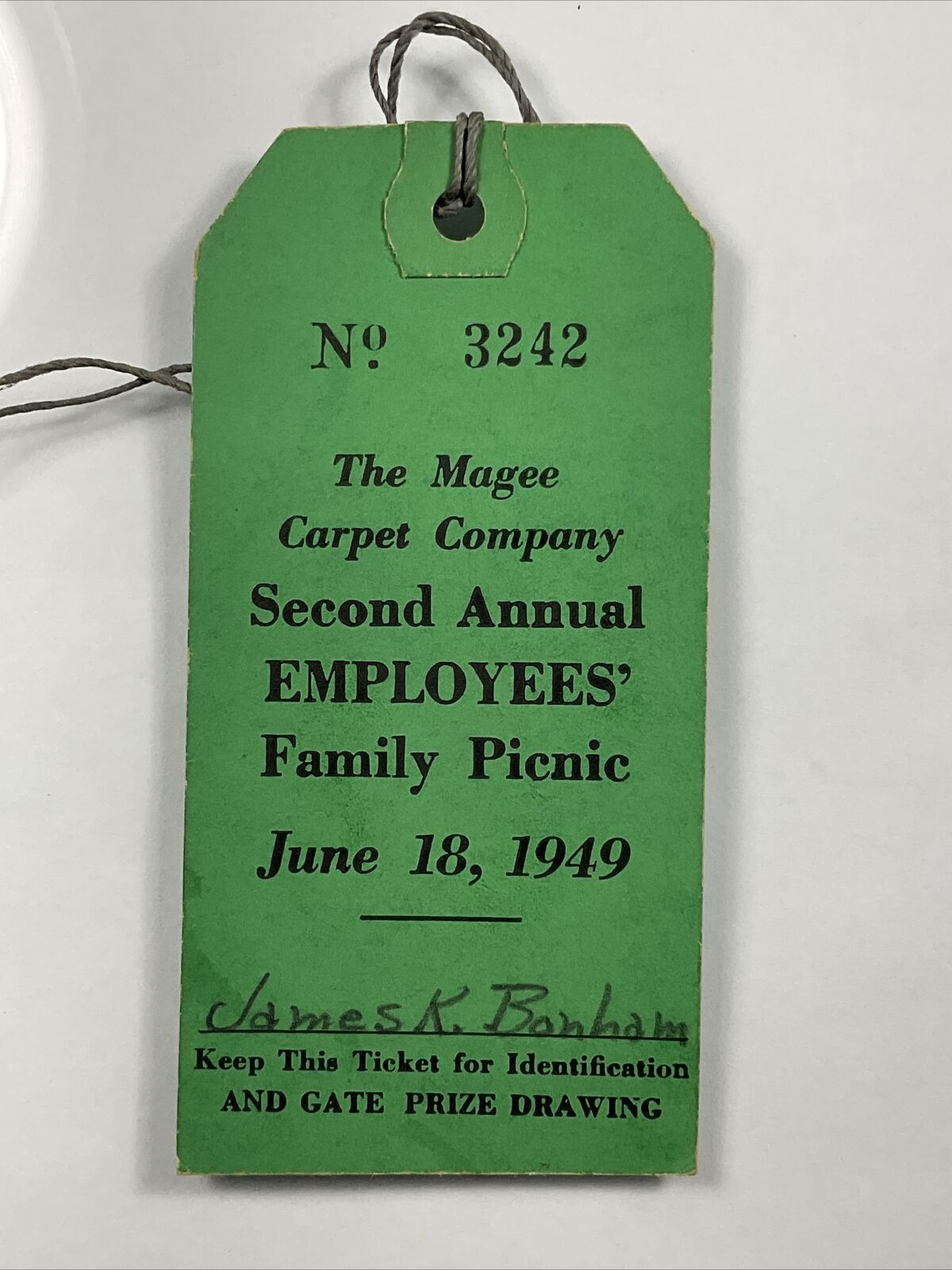 1949 Bloomsburg Pennsylvania Magee Carpet Company Employees Family Picnic Ticket