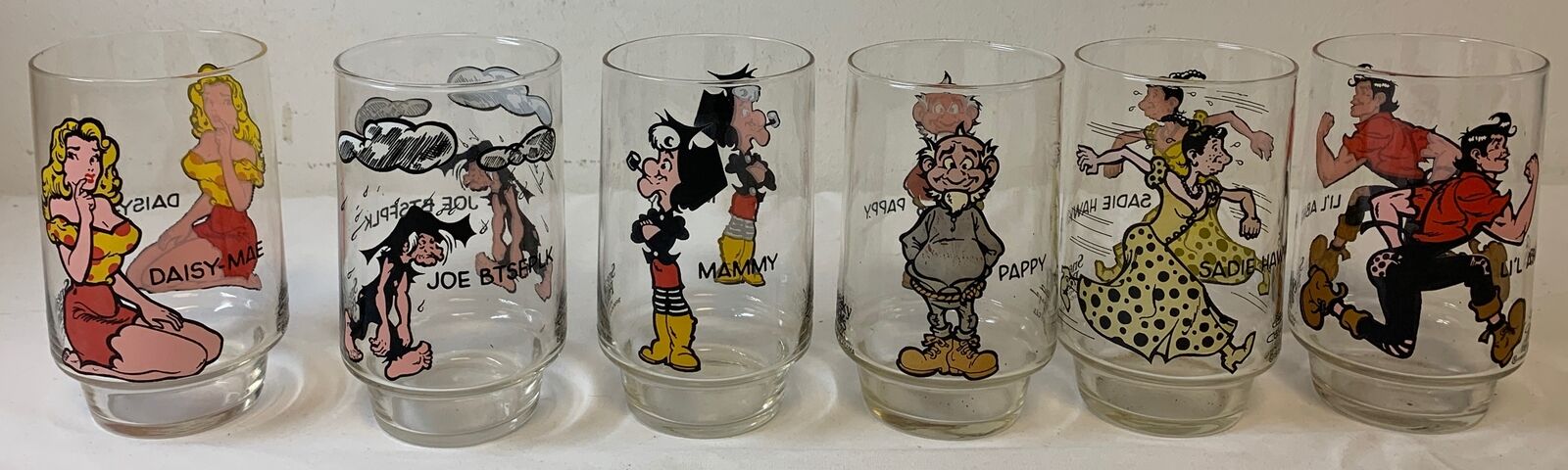 1975 set of six LI\'L ABNER GLASSES - SKEAKY PETE\'S HOT DOGS