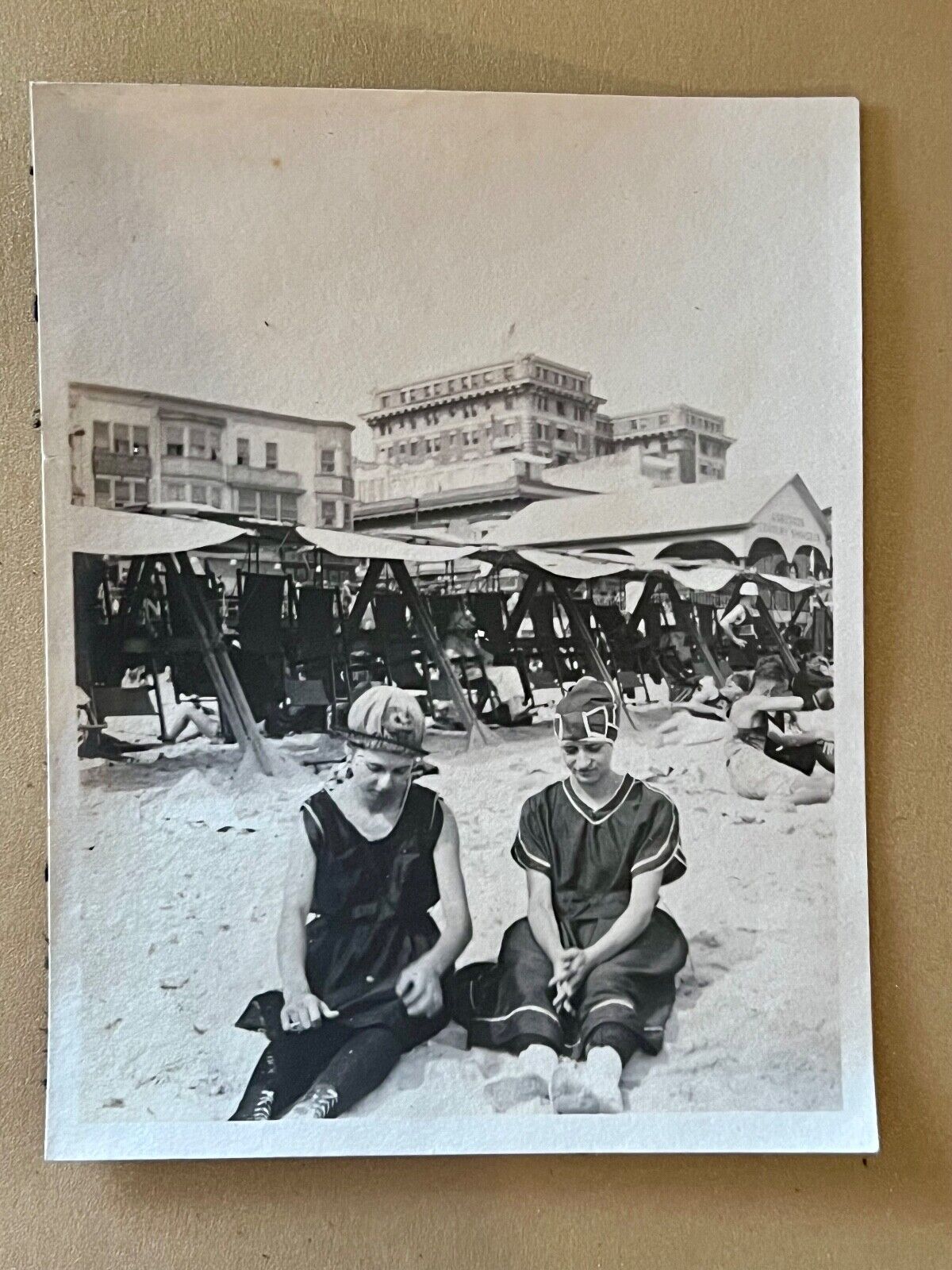 ANTIQUE 1919 Photograph TWO BATHING BEAUTIES Beach ATLANTIC CITY Hotel Strand