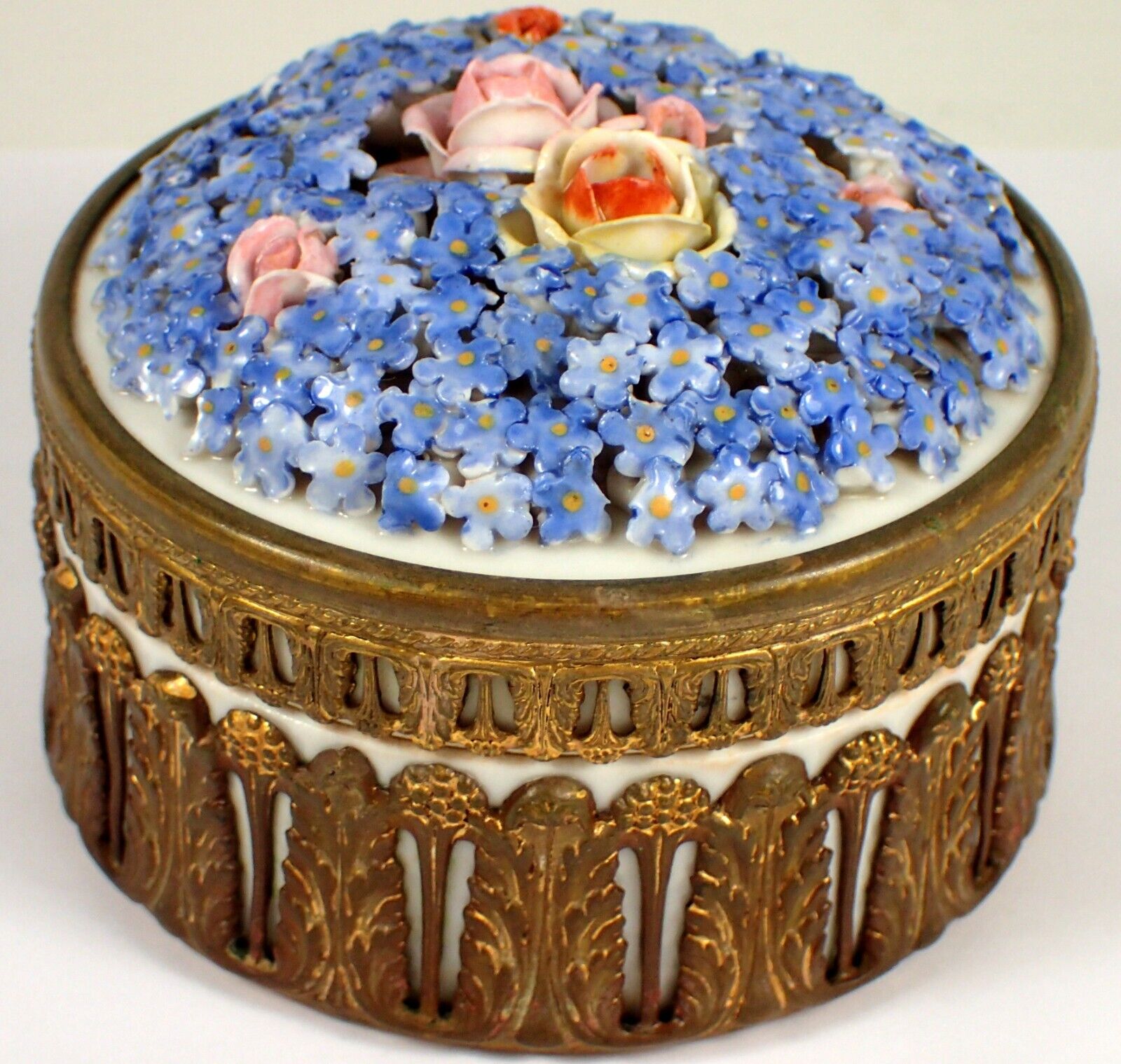 Antique Germany Gilt Bronze Dresden Elfinware Porcelain Vanity Box Forget Me Not