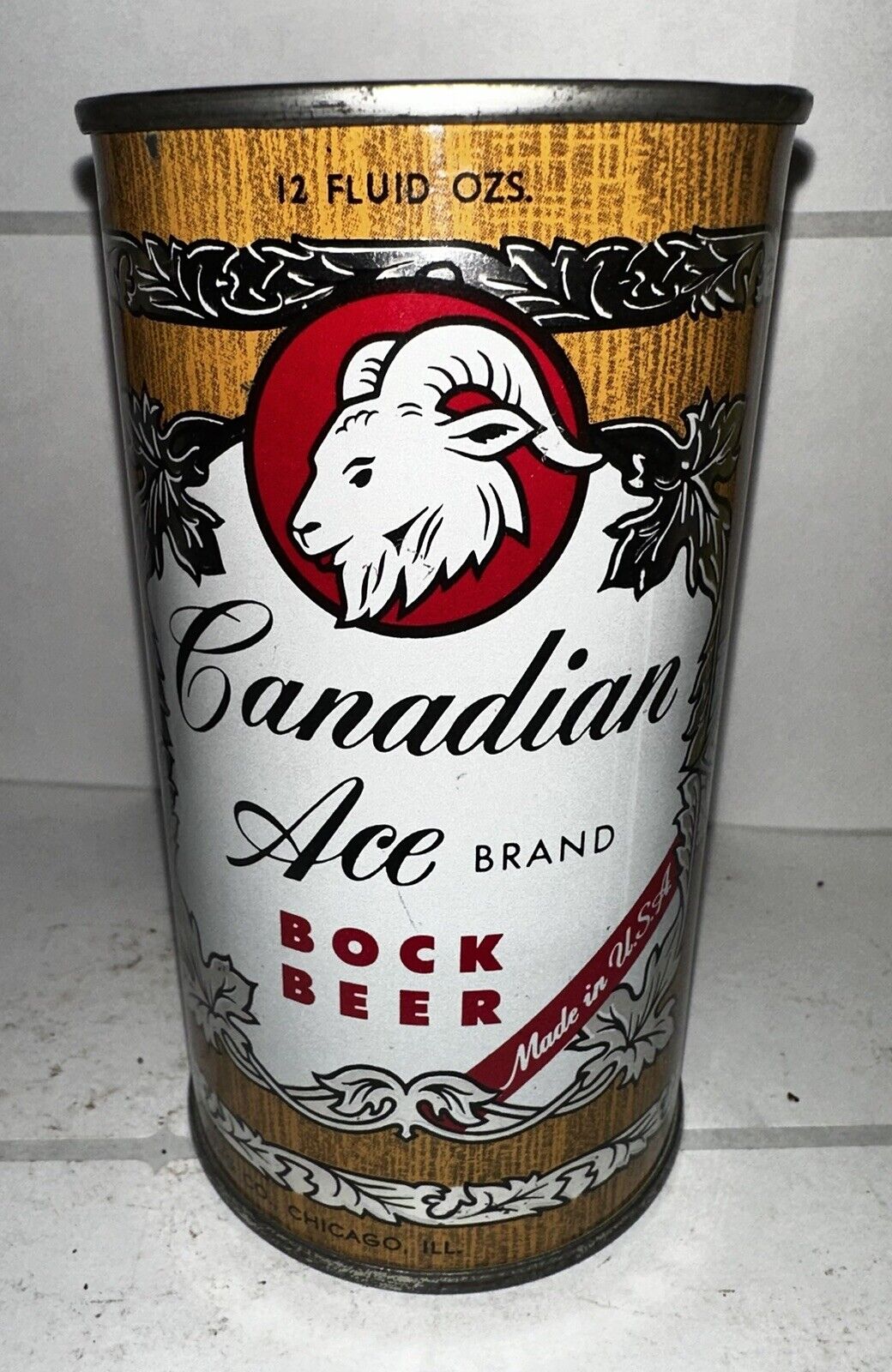 Pristine EMPTY Steel flat top bock beer can, CANADIAN ACE BOCK With Goat Graphic