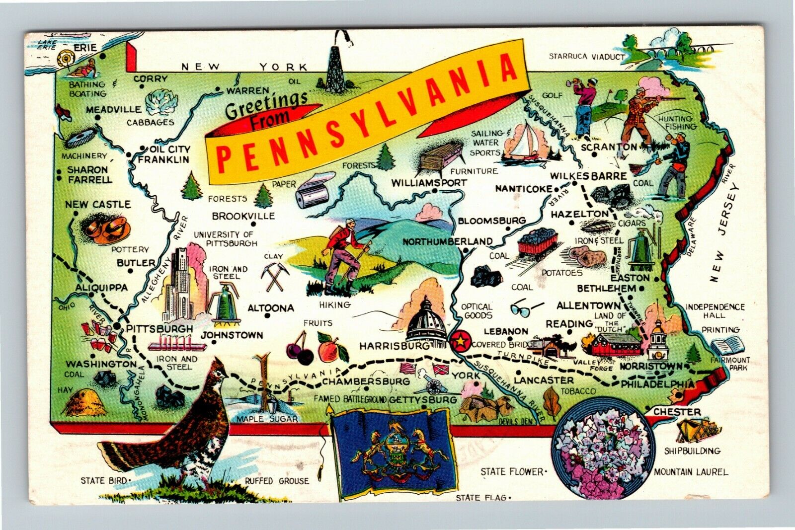 PA-Pennsylvania, State Map, Greetings c1965 Vintage Souvenir Postcard