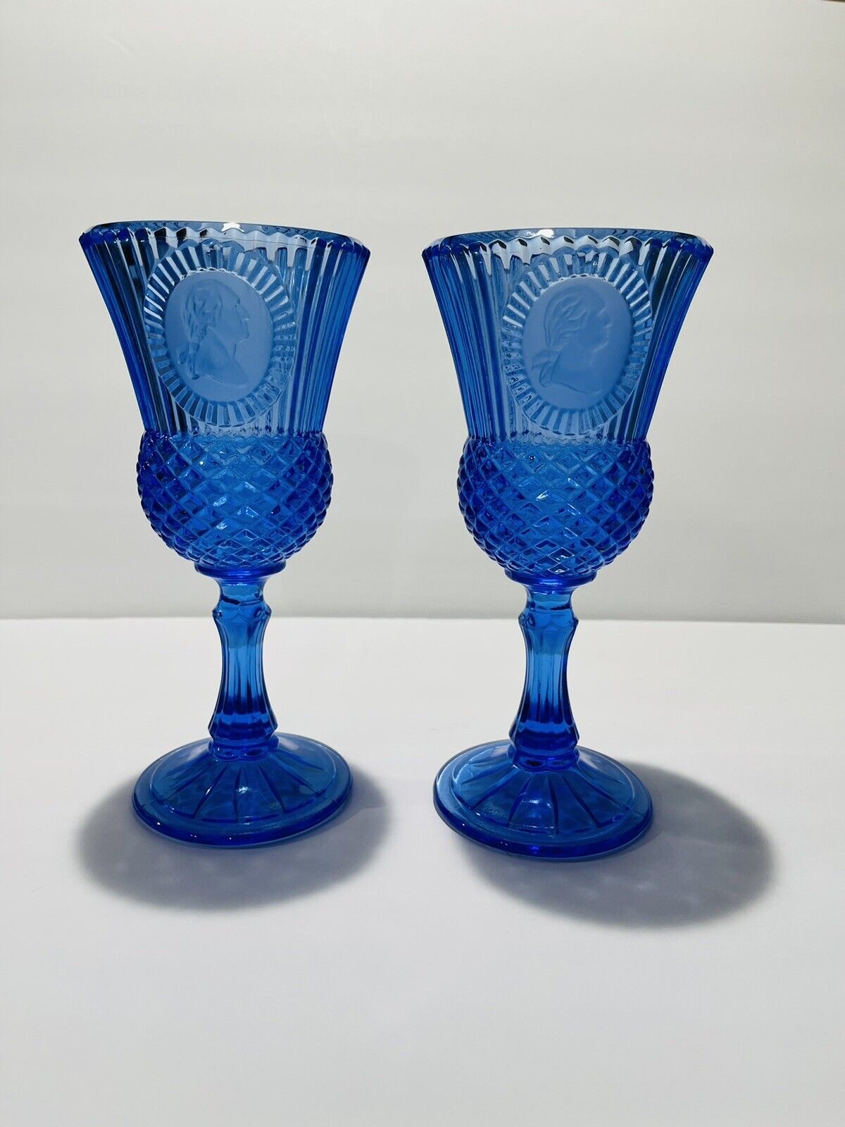 New Fostoria AVON Two Both George Washington Cobalt Blue Glass Goblets 8”