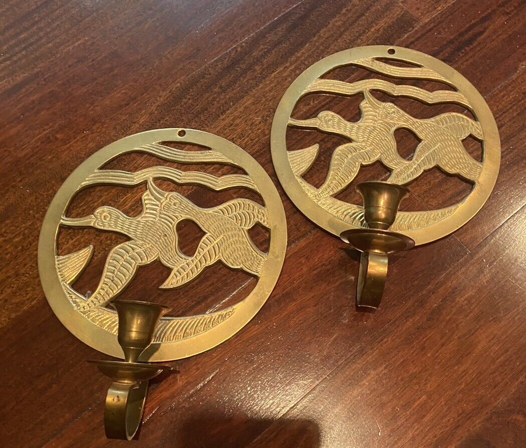 Vintage Solid Brass Wall Sconce Candle Pair Candlestick Holders Bird Duck Goose