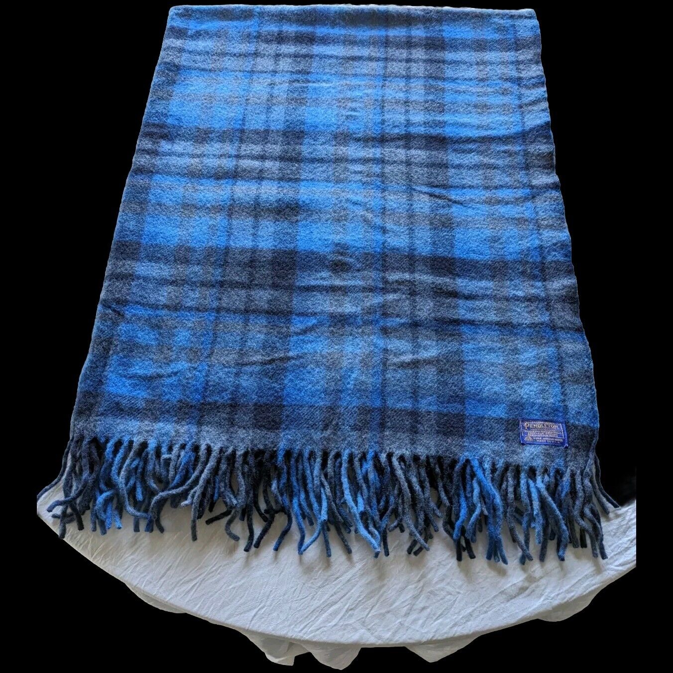 Vintage 80s Pendleton Plaid Large Blanket Blue Green Throw 100% Wool USA 72x52