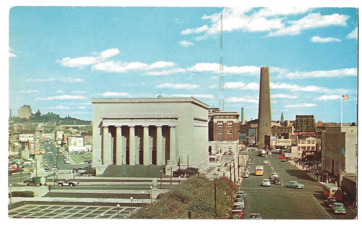 Baltimore Maryland c1950's Shot Tower, War Memorial, business district, car, bus