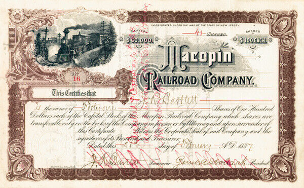 Macopin Railroad Co. signed by Garret A. Hobart - Stock Certificate - Autographe