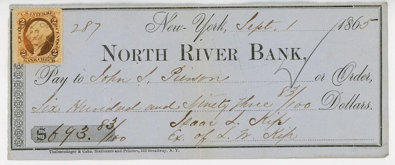 1865 Cancelled Check North River Bank, New York 2 cent IRS Stamp